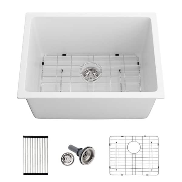24 in. W x 18 in. D Undermount Single Bowl White Quartz Composite Laundry/Utility Sink Laundry Tub with Accessories