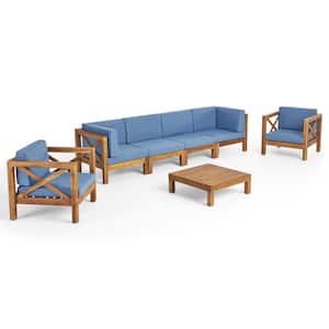 Brava Teak Brown 7-Piece Wood Patio Conversation Seating Set with Blue Cushions