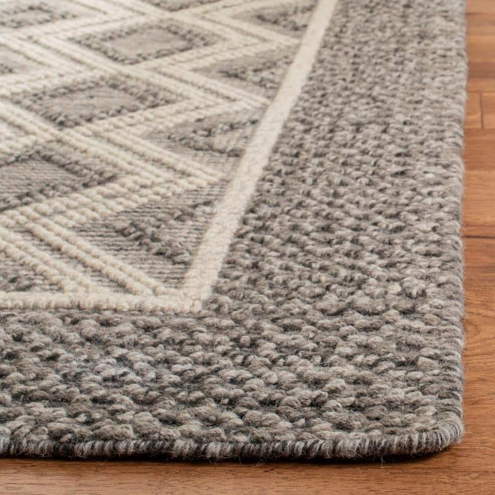Grey and Ivory Geometric Wool 9' x 12' Handmade Area Rug