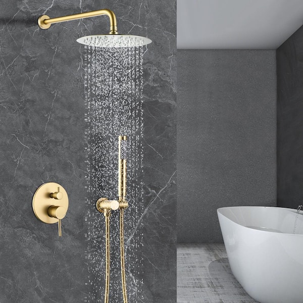 Single Handle 3-Spray Tub and Shower Faucet 4.4 GPM with 10 in. Shower Head in Brushed Gold (Valve Included)