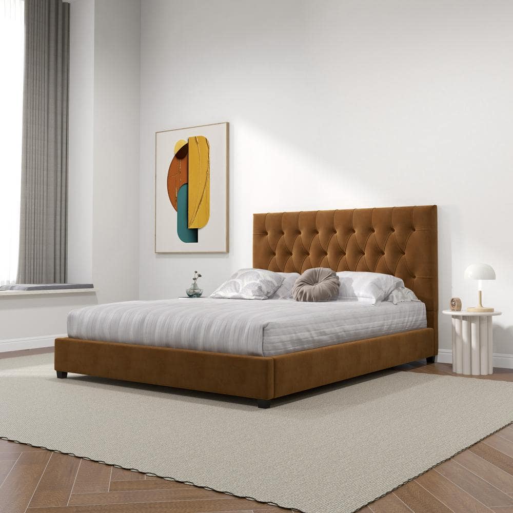 Elda Walnut Queen Platform Bed with Tufted Velvet Upholstery