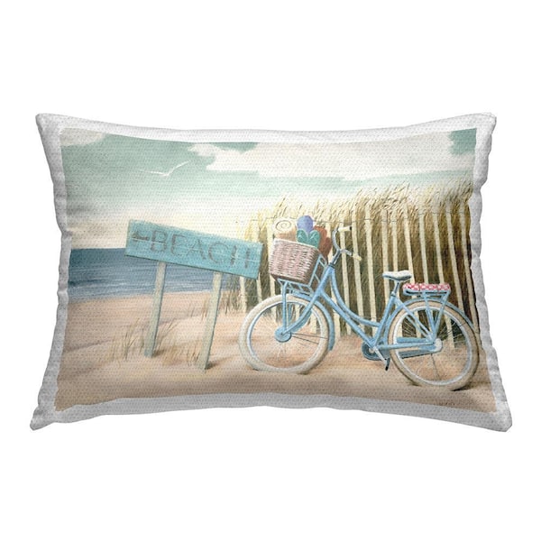 Beach Shore and Bike Blue Rectangular Outdoor Throw Pillow