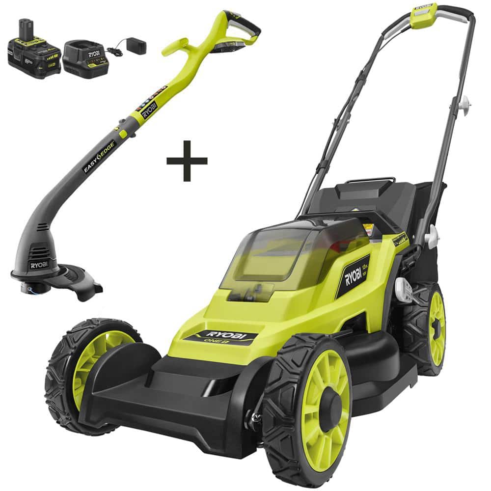 RYOBI ONE+ 18V 13 in. Cordless Battery Walk Behind Push Lawn Mower  String  Trimmer with 4.0 Ah Battery and Charger P1180-4X The Home Depot