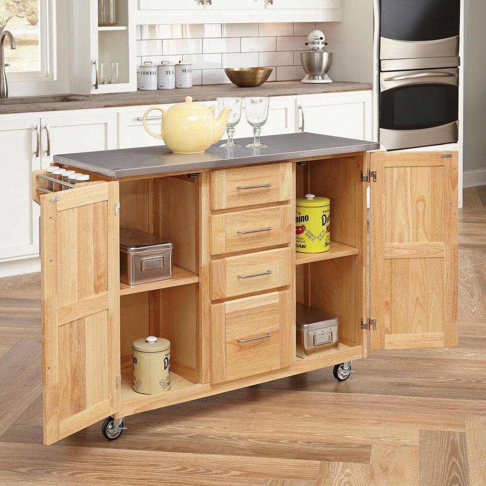 Natural Wood Kitchen Cart with Stainless Steel Top and Drop Leaf