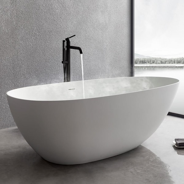 INSTER 59 in. Composite Resin Flatbottom Eggy Shape Bathtub Freestanding Soaking Bathtub in Matte White