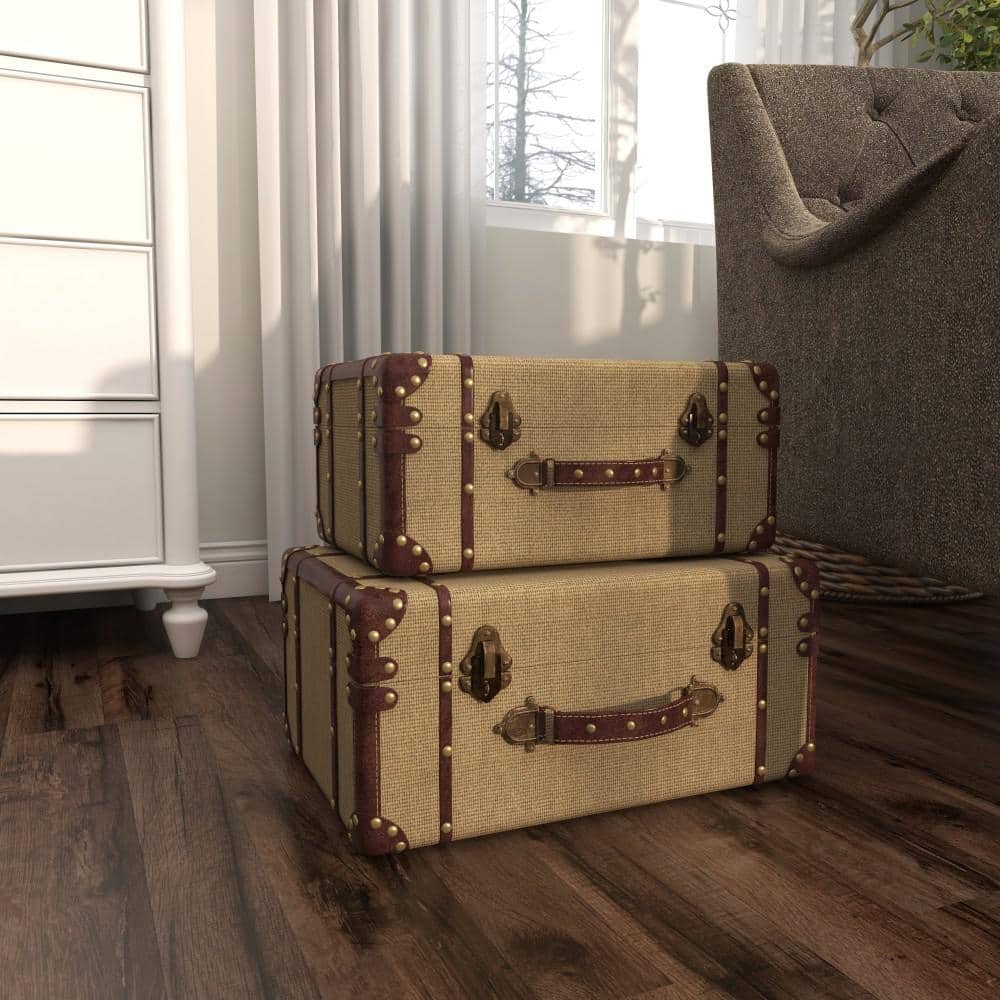 Beige Burlap and Leather Vintage Trunk Set, 2 Pieces