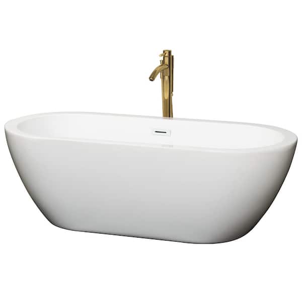 Wyndham Collection Soho 68 in. Acrylic Flatbottom Bathtub in White with Shiny White Trim and Brushed Gold Faucet