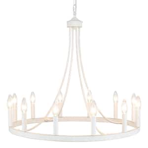 Loene 12-Light White Farmhouse Candle Style Dimmable Wagon Wheel Chandelier for Living Room Kitchen Island Dining Foyer