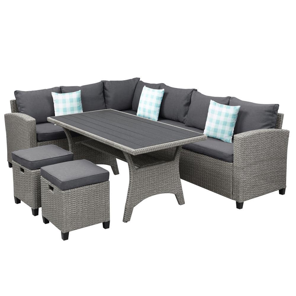 5-Piece Wicker Patio Conversation Set, Dining Table Chair with Gray Cushion