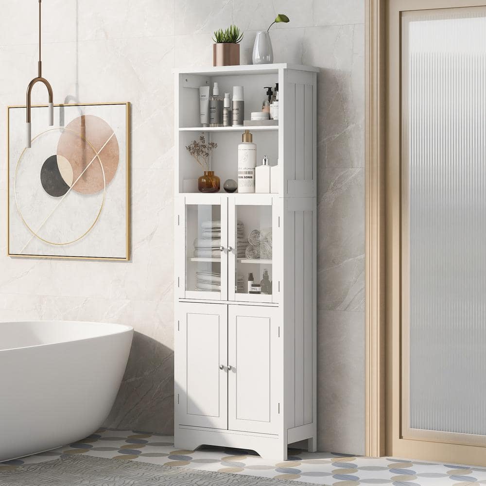 22.6 in. W x 11.2 in. D x 64 in. H White MDF Tall Linen Cabinet with 4 Door