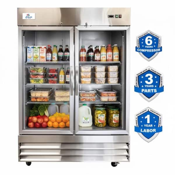 55 in. W 47 cu. ft. NSF Commercial 2-Glass Door Display Reach-In Upright Merchandiser Refrigerator in Stainless Steel