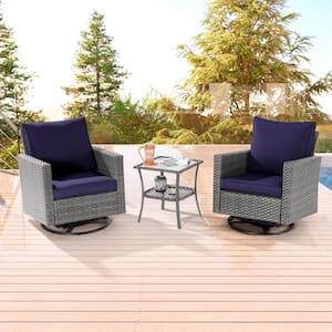 3-Piece Gray Wicker Outdoor Swivel Rocking Chairs Patio Bistro Set with Side Table Navy Blue Cushion