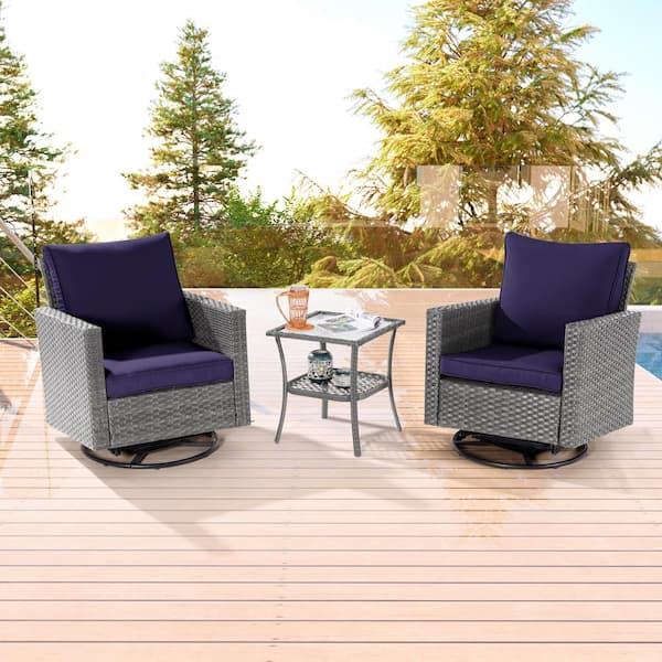 Sonkuki 3-Piece Gray Wicker Outdoor Swivel Rocking Chairs Patio Bistro Set with Side Table Navy Blue Cushion