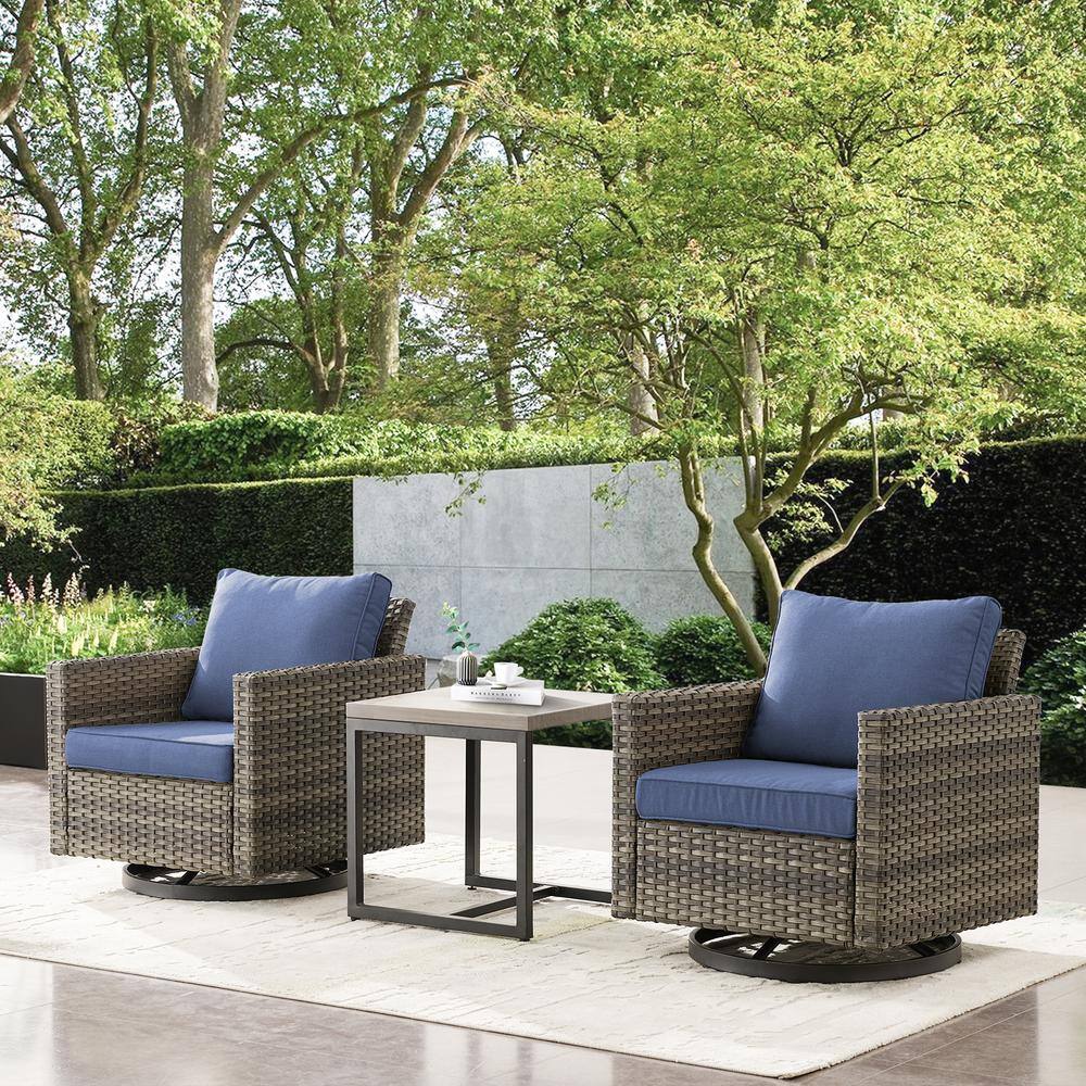 3-Piece Gray Wicker Patio Conversation Deep Seating Set with Blue Cushions Swivel Rocking Chairs price history on PriceWatchPro