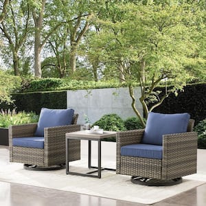 3-Piece Gray Wicker Patio Conversation Deep Seating Set with Blue Cushions Swivel Rocking Chairs