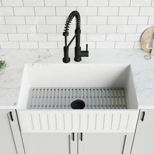 Matte Stone White Composite 33 in. Single Bowl Slotted Farmhouse Kitchen Sink with Faucet in Black, Strainer and Grid