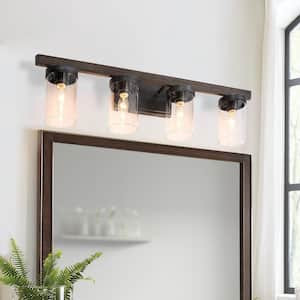 Farmhouse Brushed Black Bath Vanity Light, 28 in. 4-Light Faux Wood Grain Wall Sconce with Cylinder Clear Glass Shades