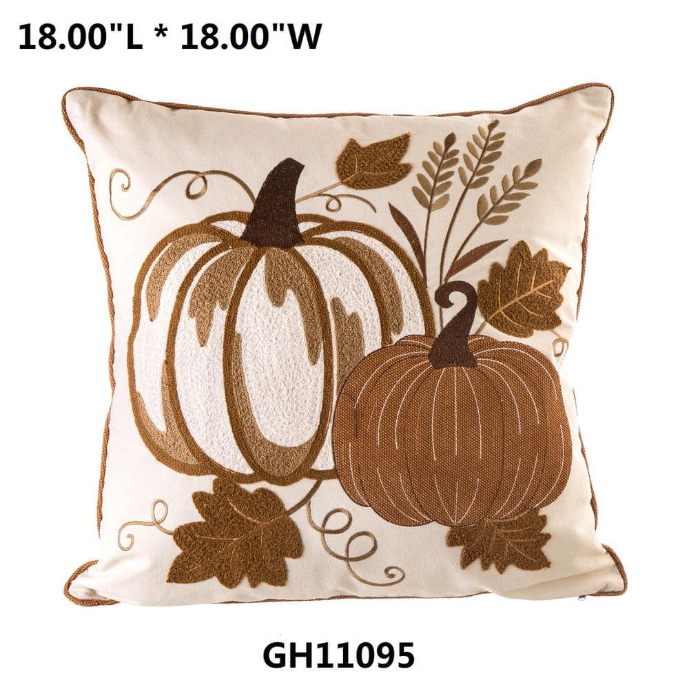 18x18 Beige Cotton Polyester Embroidered Pumpkin Throw Pillow