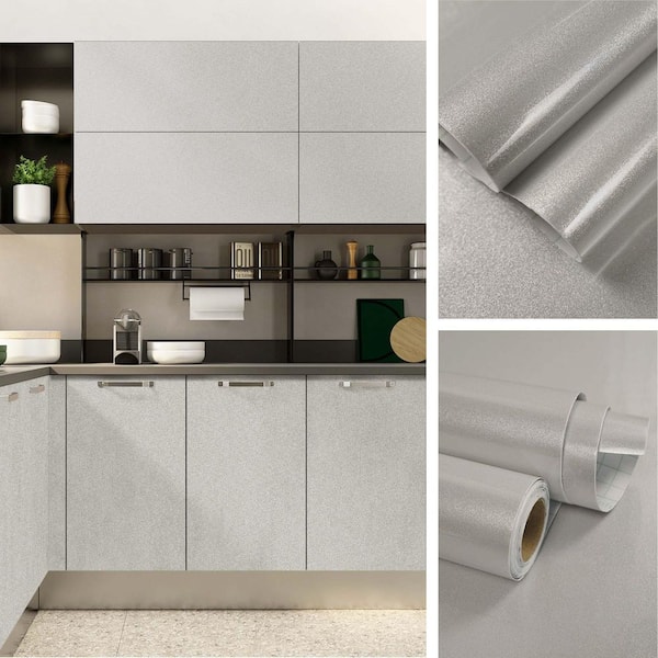 Twinkle Glitter Silver Vinyl Peel and Stick Wallpaper Roll Self-Adhesive Light Grey Contact Paper (Covers 36 sq. ft.)
