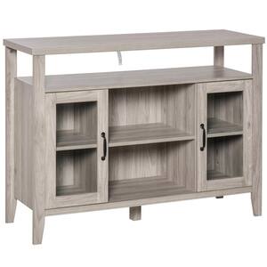 Grey Storage Sideboard with 3-Open Compartments, 2-Framed Glass Door Cabinets and Anti-Topple