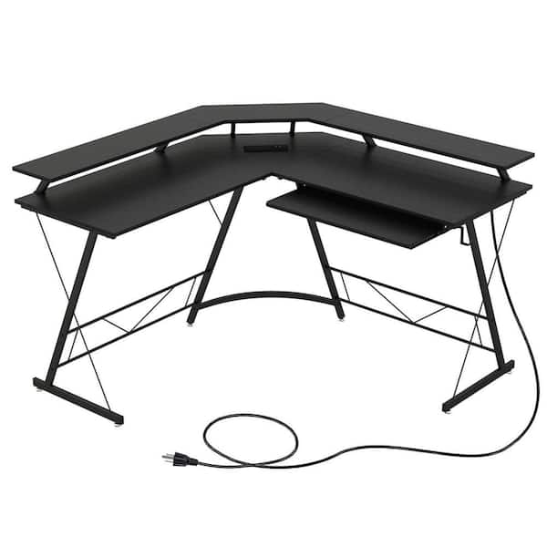 Costway 51 in. L-Shaped Black Wood Desk with Power Outlet