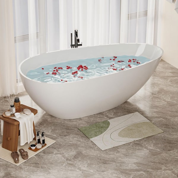 59 in. x 31 in. Soaking Flat Bottom Bathtub with Center Drain in White Solid Surface Free Standing Artificial Stone Tub