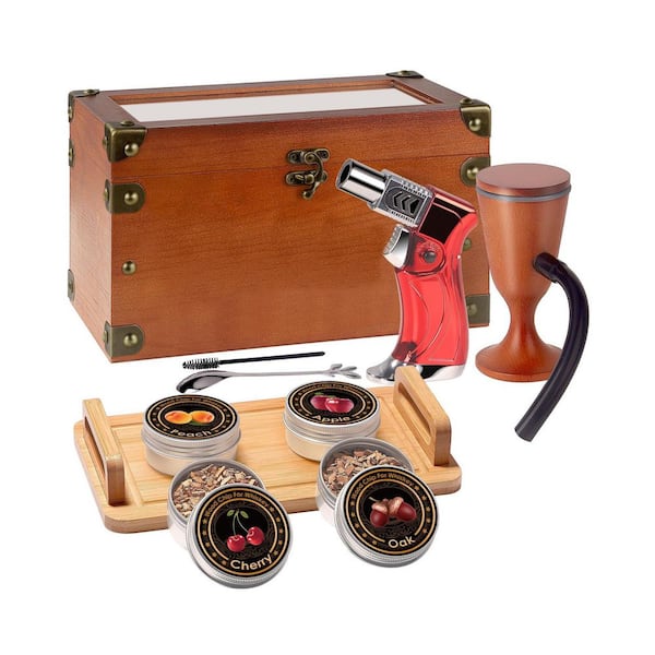 Wood Cocktail Smoker Kit with Smoking Gun Old Fashioned Bourbon Smoker Box and 4 Flavors Wood Chips