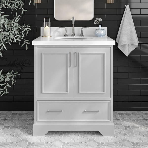 ARIEL Stafford 30 in. W x 22 in. D x 36 in. H Single Sink Freestanding Bath Vanity in Grey with Pure White Quartz Top