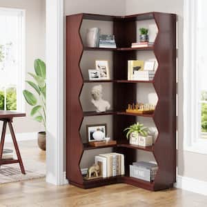 Eulas 65 in. Tall Dark Walnut Wood 5-Shelf Corner Bookcase, 5-Tier L-Shaped Display Shelves for Living Room