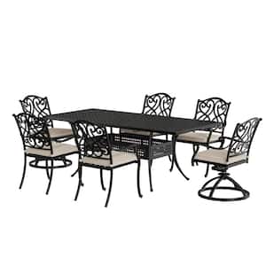7-Piece Cast Aluminum Patio Outdoor Dining Set with Beige Cushion and 2 in. Umbrella Hole