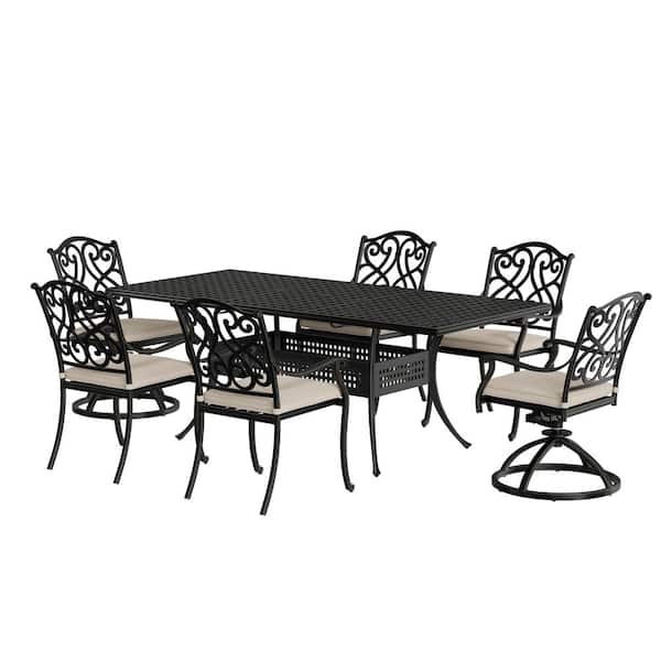 Clihome 7-Piece Cast Aluminum Patio Outdoor Dining Set with Beige Cushion and 2 in. Umbrella Hole