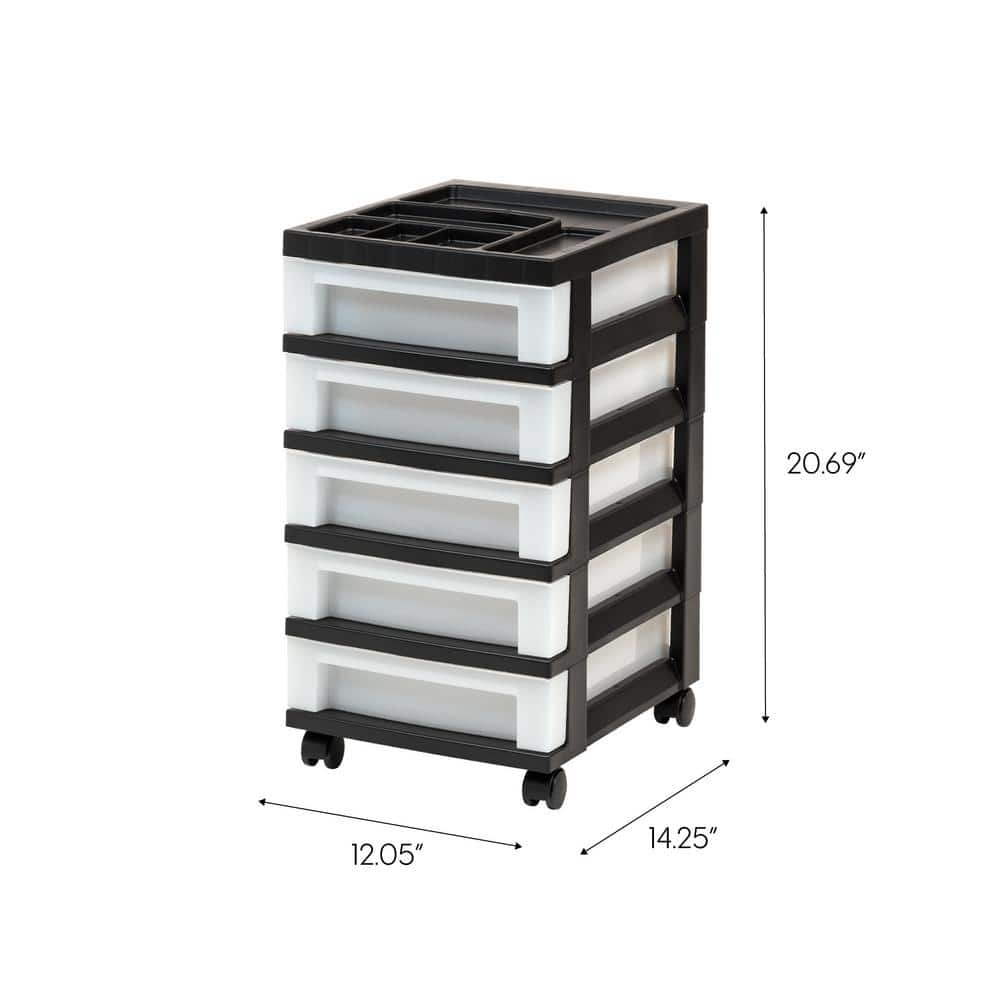 Black 5-Drawer Plastic Storage Tower with Organizer Top