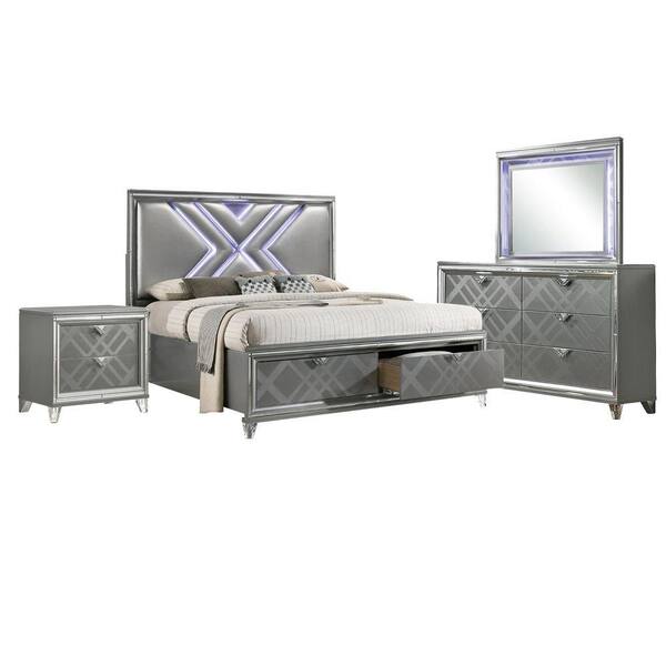 William's Home Furnishing 4-Piece Emmeline Silver Queen Platform Bed Set