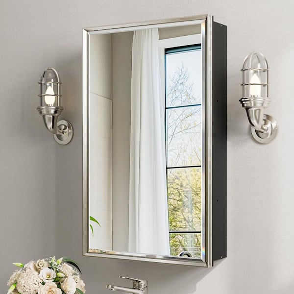 Musey 16 in W x 26 in H Brush Nickel Rectangular Aluminum Medicine Cabinet with Beveled Mirror, Recessed or Surface