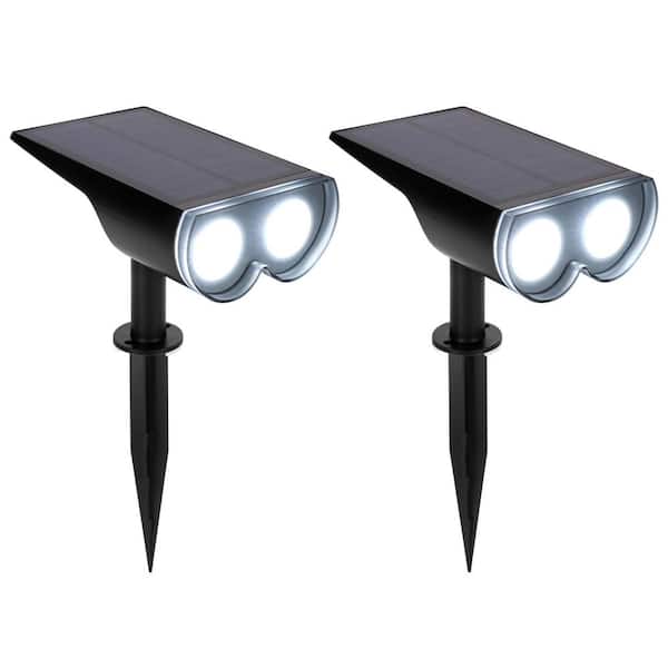 TECHKO 60 Lumens Matte Black Solar LED Outdoor Spotlight with Multiple Lighting Modes, Wall/Ground-Stake Installation (2-Pack)