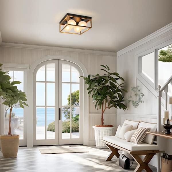 Modern 14 in. 4-Light Brass Flush Mount Light with Globe Frosted Glass Shade, Rustic Black Square Foyer Ceiling Lamp