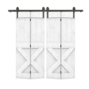 44 in. x 84 in. Mini X Series Solid Core White Stained DIY Wood Double Bi-Fold Barn Doors with Sliding Hardware Kit
