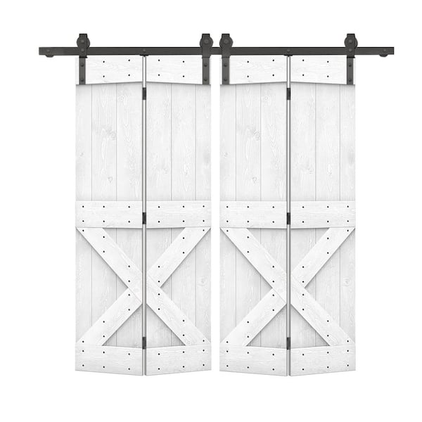 CALHOME 48 in. x 84 in. Mini X Pre Assembled White Stained Wood Double Solid Core Bi-Fold Barn Doors with Sliding Hardware Kit