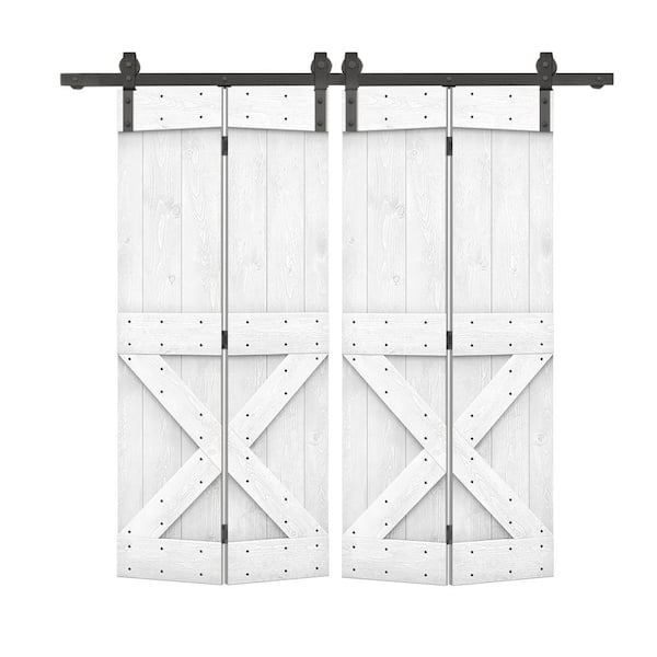 CALHOME 56 in. x 84 in. Mini X Series Solid Core White Stained DIY Wood Double Bi-Fold Barn Doors with Sliding Hardware Kit