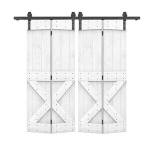 60 in. x 84 in. Mini X Pre Assembled White Stained Wood Double Solid Core Bi-Fold Barn Doors with Sliding Hardware Kit