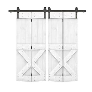 64 in. x 84 in. Mini X Pre Assembled White Stained Wood Double Solid Core Bi-Fold Barn Doors with Sliding Hardware Kit