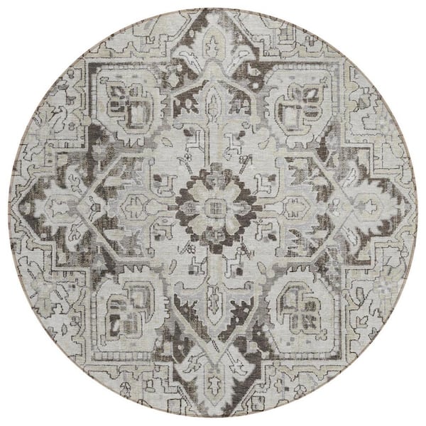 HomeRoots Ivory and Dark Brown 8 ft. Round Woven Oriental Round Indoor/Outdoor Area Rug