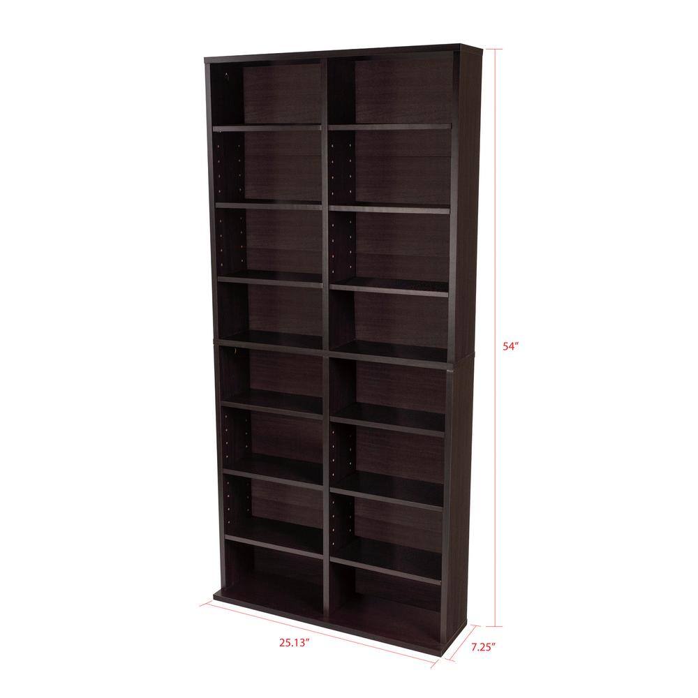 Espresso Adjustable Media Storage Cabinet with 16 Shelves