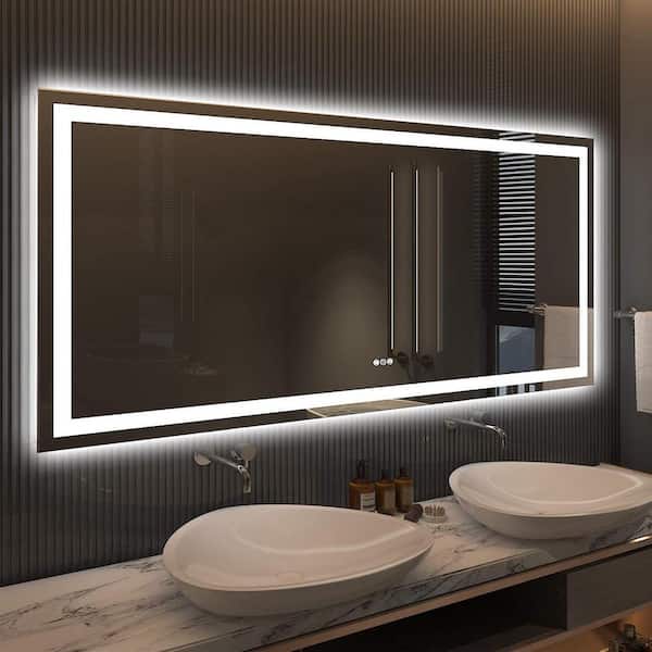 Apmir 72 in. W x 32 in. H Large Rectangular Frameless Double LED Lights Anti-Fog Wall Bathroom Vanity Mirror in Tempered Glass