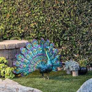 23 in. Tall Outdoor Metallic Peacock Tail Spread Yard Statue Decoration, Multicolor