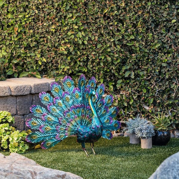 23 in. Tall Outdoor Metallic Peacock Tail Spread Yard Statue Decoration, Multicolor