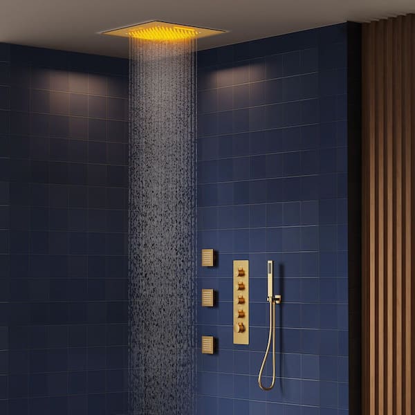 15-Spray 20 in. Dual Shower Heads Ceiling Mount Fixed and Handheld Shower Head with Music, 3 Body Jets in Gold