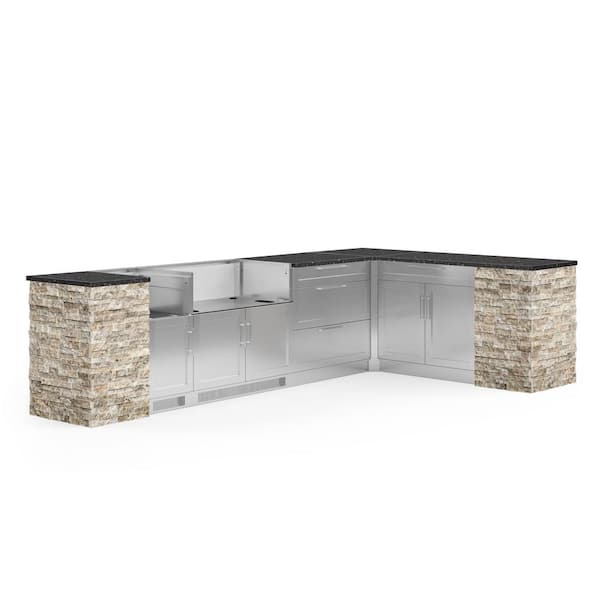 NewAge Products Signature Series Stainless Steel 11-Piece L Shape Outdoor Kitchen Cabinet Set with 40 in. Grill Cabinet and Granite Top