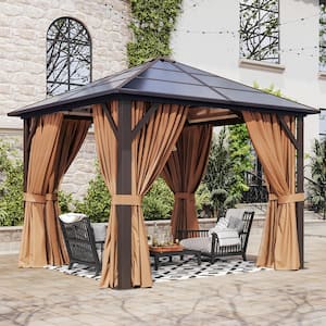 10 ft. x 10 ft. Hardtop Gazebo, Outdoor Aluminum Frame Permanent Pavilion with Curtains and Netting, Brown