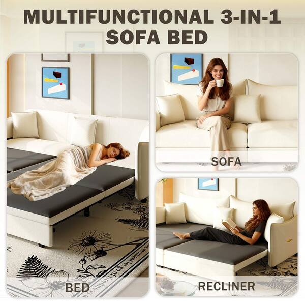 81.9 in. Square Arm Velvet Rectangle Sofa with Sofa Bed and Pillows in Beige/White (Seats 3)